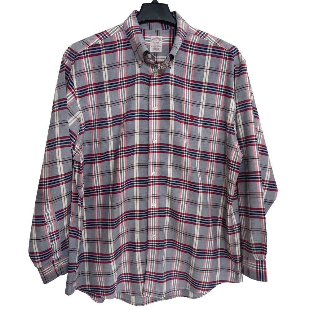 Brooks Brothers button down shirt Mens XL Madison Non-Iron Plaid flannel Blue